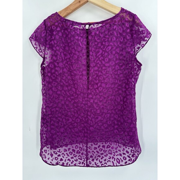 WHBM Top Large Women's Purple Sheer Leopard Print Burnout Shorts Sleeve Hi-Lo - Picture 6 of 10